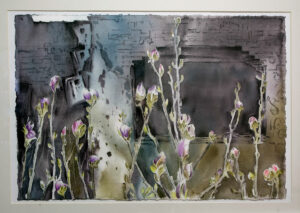 «Renaissance de la vie » cette oeuvre d'Alyone Osetska représente le pouvoir de la vie après la destruction de Bucha par les Russes (aquarelle)